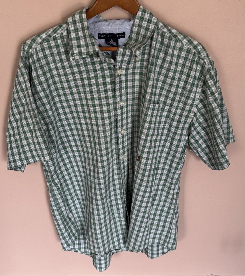Tommy Hilfiger Shirt Mens XL Green Plaid Casual Button Up Short Sleeve